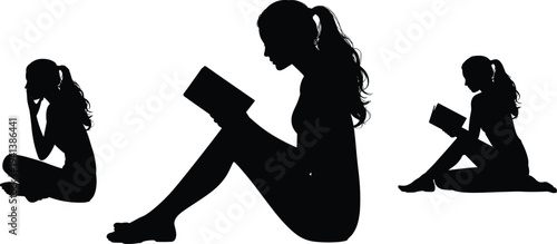 Silhouette of a young woman with a ponytail sitting and reading a book in various poses isolated on a white background