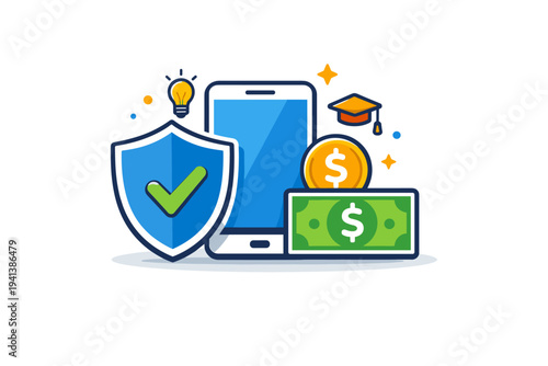 Pig butchering scam concept prevention awareness expressed through a shield protecting a phone and money symbols, suggesting vigilance, education and online