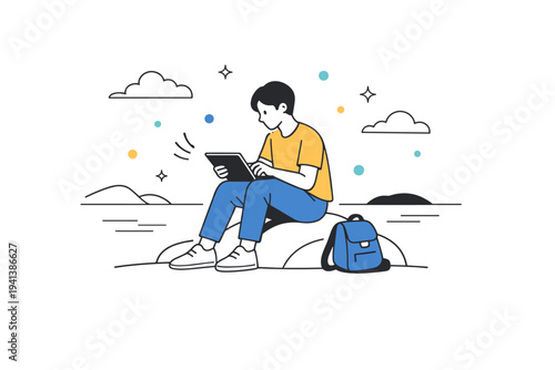 Remote Work From Anywhere. A person sitting on a simple abstract rock near the sea, typing on a tablet while a small backpack rests beside them. Peaceful