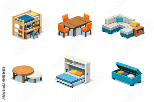 Multi-functional furniture. Isometric flat vector icons set of Multi-functional furniture: loft bed with desk underneath, expandable dining table, modular