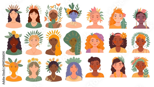 Minimal bohemian flat vector set of women with botanical leaves. Soft colors, modern feminine illustration for wellness, beauty, lifestyle and social media design