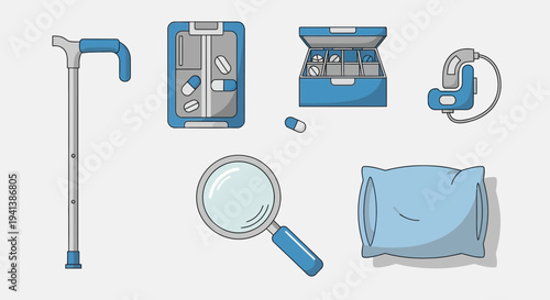 A collection of illustrated medical and assistive devices including a cane pillboxes hearing aid and pillow