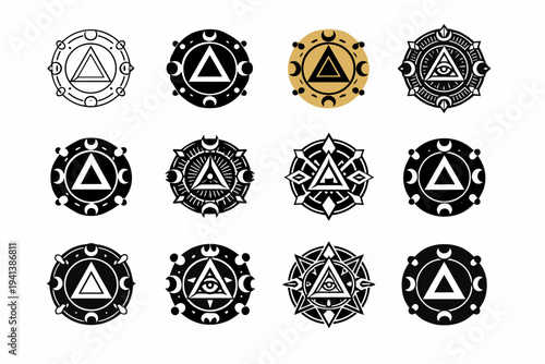 sacred circle. Icon set. Set Logo of sacred circle: protective magic circle. harmonious logo variations of the same emblematic concept, each with different