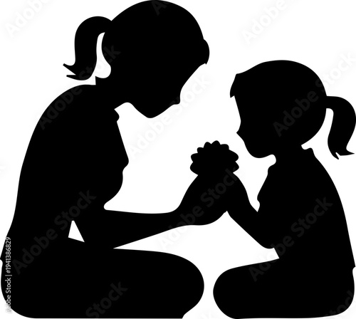Child giving a flower to mother silhouette, maternal love concept