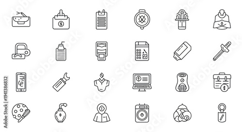 A grid of 30 black outline icons depicting various objects and symbols