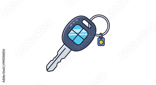 Detailed illustration of a modern car key with a blue remote control fob and a small yellow key tag on a metal ring.