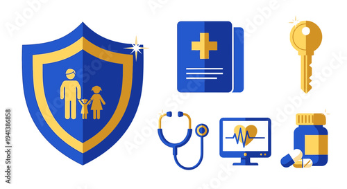 Blue and gold icons representing family insurance medical records key stethoscope monitor and medicine