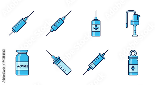 A pattern of blue and dark blue medical icons including syringes and vials on a white background