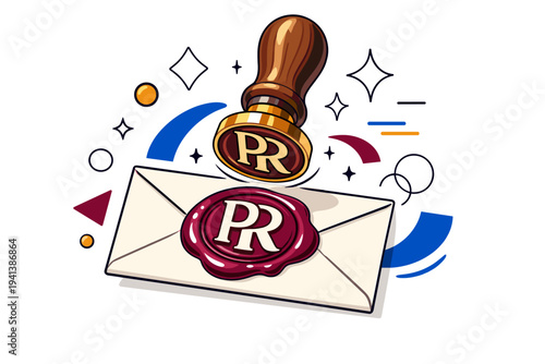 Wax seal stamp branding. Close-up of a stylized stamp tool hovering above a sealed envelope with a bold monogram embossed in wax. Abstract geometric shapes and