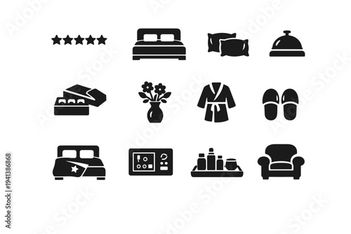 Five Star Hotel Room. Solid icon set of Five Star Hotel Room: five star rating, premium bed, luxury pillows, concierge bell, welcome chocolate, fresh flowers,