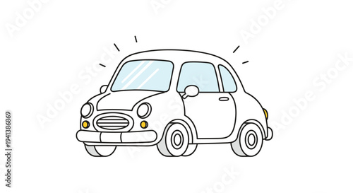 Cute small white vintage car with a rounded body and shining lights illustrated in a simple cartoon style on white.