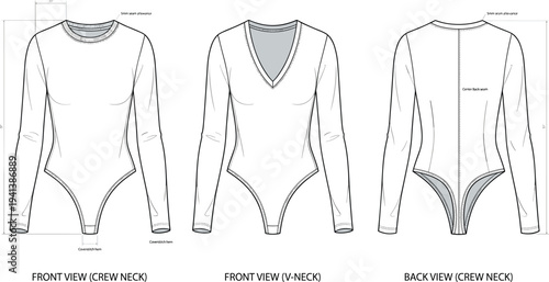 Bodysuit technical illustration vector fashion apparel garment construction design graphics, crew neck v-neck variation concept, black and white creative art collection