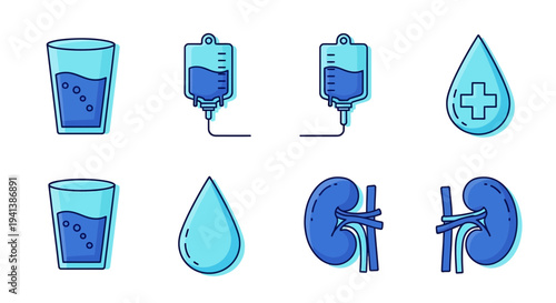 Blue line art icons of water IV bags blood drop and kidneys on white