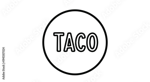 Simple black outline of the word taco enclosed within a thin circle representing a minimalist food icon or logo.