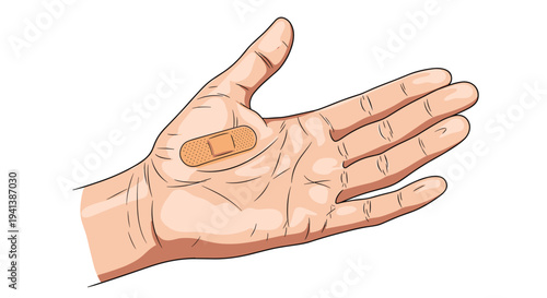 Detailed color illustration of a human hand with a small tan adhesive bandage applied to the center of the palm on white.
