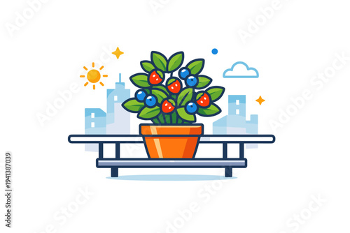 Urban berry farming on balconies with a compact potted berry bush thriving against a simple city skyline silhouette, reflecting local food movement and