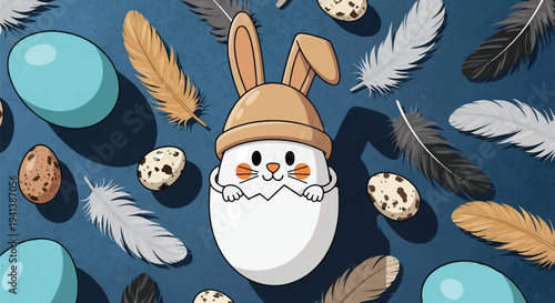 Cute bunny in eggshell with feathers and quail eggs on blue background
