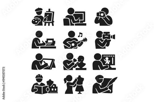 Artistic Professions. Solid icon set of Artistic Professions: painter, designer, photographer, writer, musician, filmmaker, illustrator, sculptor, animator,