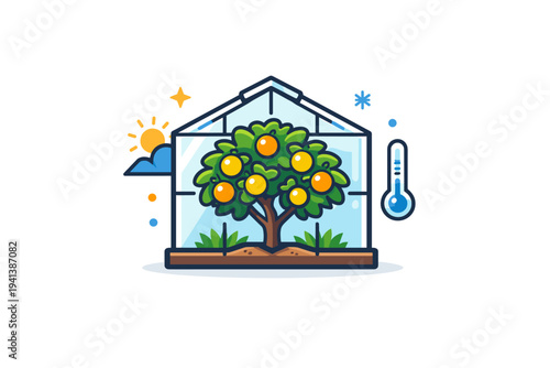 Greenhouse fruit production in northern climates centered on a simple glass greenhouse containing a flourishing citrus tree with bright fruits, highlighting