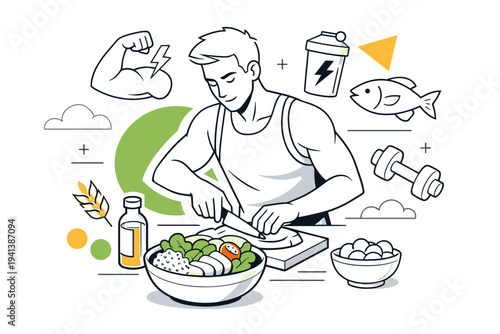 Sports nutrition balance. Athlete preparing a healthy meal, bowl with grains, greens, and protein icons floating nearby. Focused, energetic mood about fueling