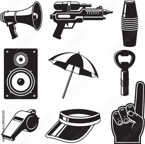 Black and White Vector Icons Set with Megaphone, Gun, Speaker, and More