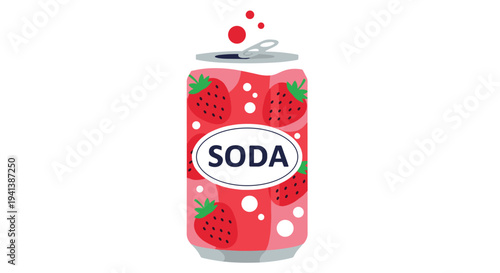 Brightly colored strawberry soda can featuring the word soda and whole strawberry illustrations with bubbles on top.