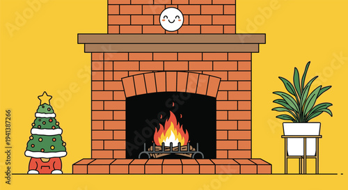 Cozy indoor scene featuring a brick fireplace with a burning fire next to a small Christmas tree and a potted plant.