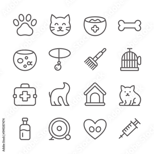 Cute Domestic Pets Care and Veterinary Clinic Icon Set
