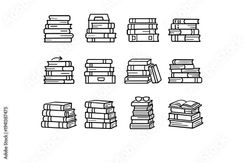 Library Books Pile. Line icon set of Library Books Pile: library book stack, catalog books pile, labeled book spines, borrowed books stack, returned books