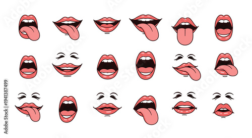 Diverse collection of cartoon mouth illustrations showing different expressions including smiling, shouting, and sticking out tongues on white.