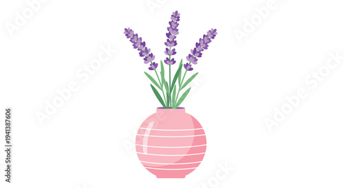 Elegant bunch of purple lavender flowers with green leaves arranged in a round pink vase with horizontal stripes on a white background.