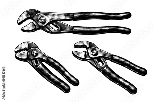 Plumber pliers A pair of adjustable plumber pliers with angled serrated jaws and ergonomic handles shaped with realistic proportions and defined