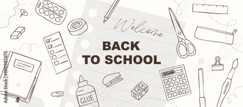 Minimal Back to School banner set with hand drawn stationery doodles on notebook paper background, neutral education web header and social media templates
