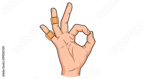 Realistic illustration of a human hand making an okay gesture with several brown adhesive bandages wrapped around the fingers on white.