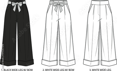 Wide-leg pants styles illustration vector fashion apparel garment construction design graphics, bow waistband variation concept, black and white creative art collection