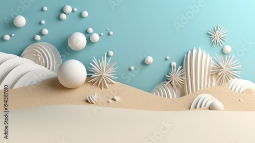Summer 3d background with sea and sand, minimal, light blue and white light. 3D studio background
