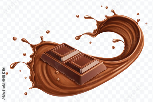 realistic 3d chocolate bar into liquid chocolate splash with bubbles in curve style isolated on transparent background