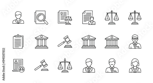 Icons representing various legal and judicial professions and activities