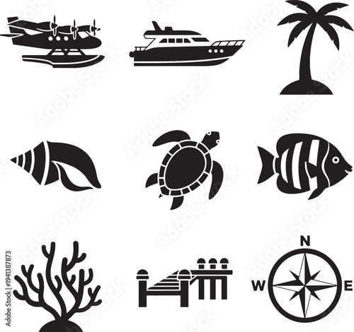 Tropical Travel Icons with Sea Creatures and Palm Tree