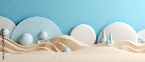 Summer 3d background with sea and sand, minimal, light blue and white light. 3D studio background