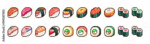 Pixel Art Sushi Food Collection Set. Retro 8 Bit Japanese Pixel Nigiri, Maki, Roll and Gunkan Vector Illustration Pixelated Y2k Pack for Game Assets UI, Stickers and Menu Design
