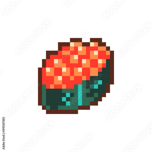Pixel Art Ikura Gunkan Sushi Icon. Retro 8 Bit Japanese Pixel Salmon Roe Food Vector Illustration for Game UI, Stickers and Menu Design