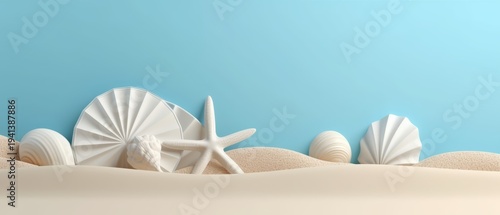 Summer 3d background with sea and sand, minimal, light blue and white light. 3D studio background