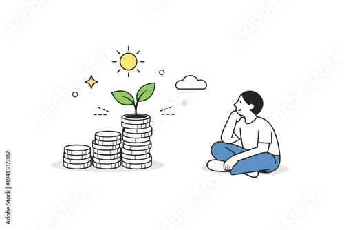 Long-Term Investment Growth. A character observing a simple plant growing from a stack of coins, symbolizing gradual wealth accumulation. Peaceful optimistic