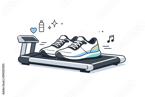 Running shoes on treadmill. A close-up editorial scene of a pair of running shoes placed on a treadmill belt, quiet preparation before a workout, calm and