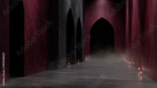 Dark Gothic Corridor With Candles And Red Walls Mysterious Castle Interior