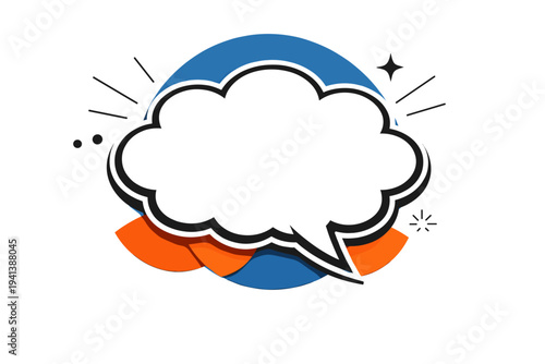 Black and white retro-style cloud-shaped speech bubble with bold comic outline, realistic paper-cut texture, deep blue circular halo positioned behind the