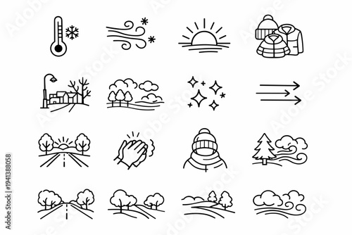 Cold Weather Morning. Line icon set of Cold Weather Morning: thermometer low, frosty breeze, cold sunrise, layered clothing, chilly street, early fog, frost
