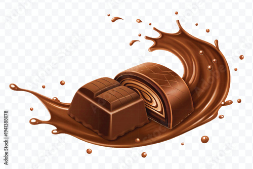 realistic 3d chocolate bar into liquid chocolate splash with bubbles in curve style isolated on transparent background