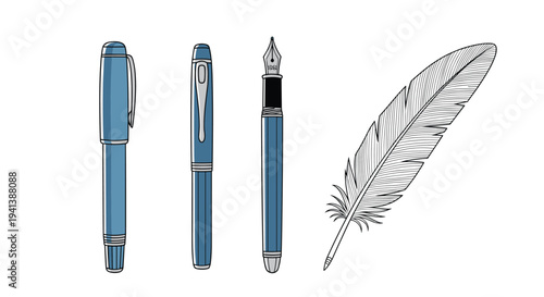 Illustration of four writing instruments including three different blue fountain pens and a large textured quill feather on white background.